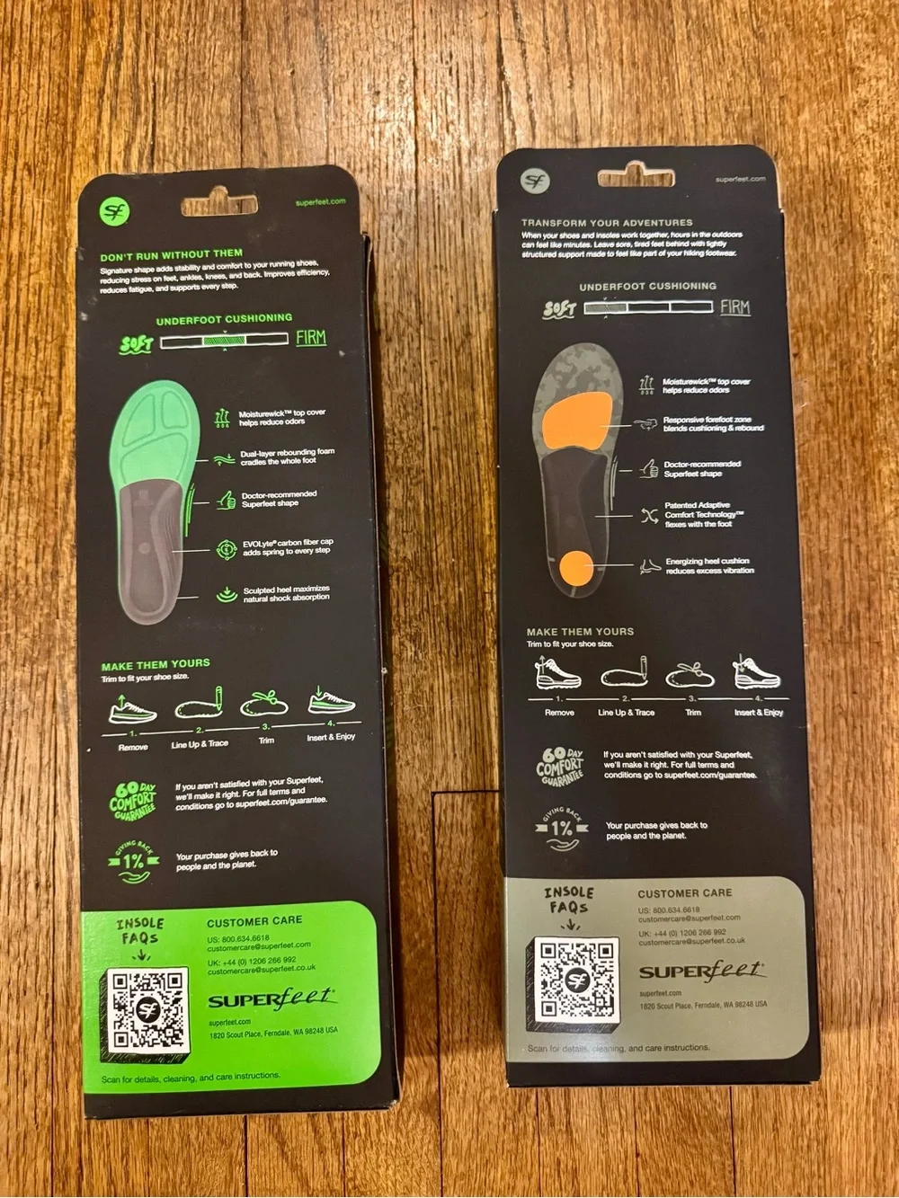 Superfeet Run High-Arch &!Hike Cushion Insoles - 2 pairs - size E